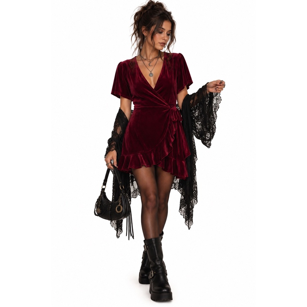 New Look Burgundy Velvet Mini Dress Size 14 Whimsigoth 90s Witchy Romantic‎